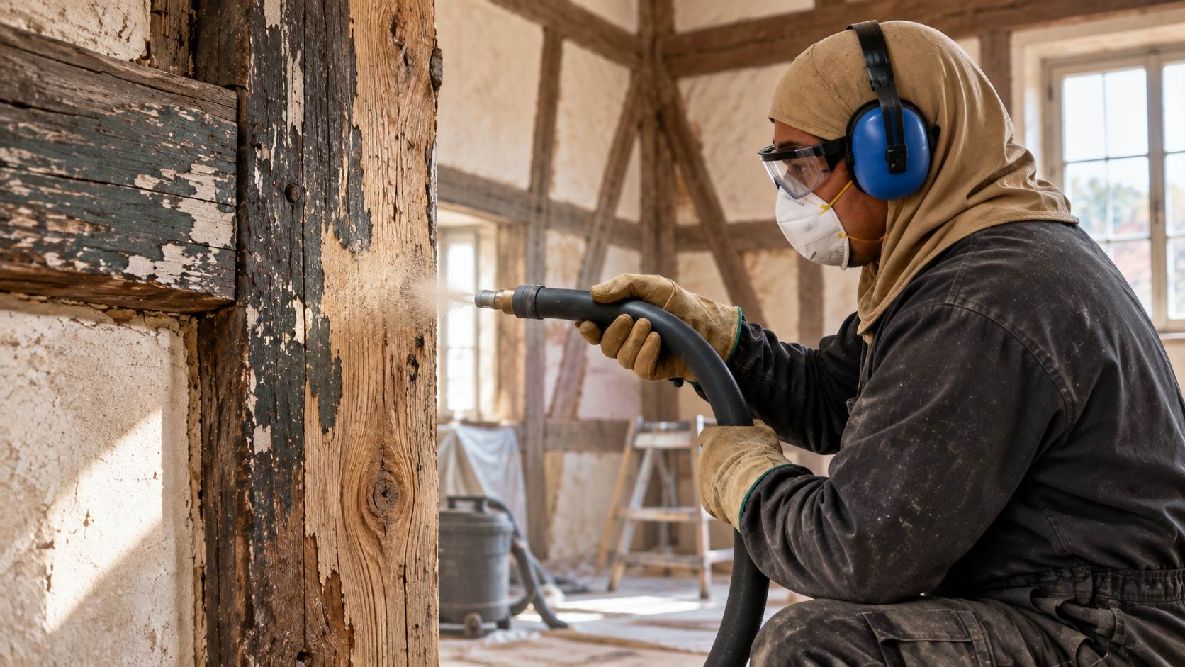 Fachwerkbalken schonend mit einem AEROCAP Feinstrahler entlacken