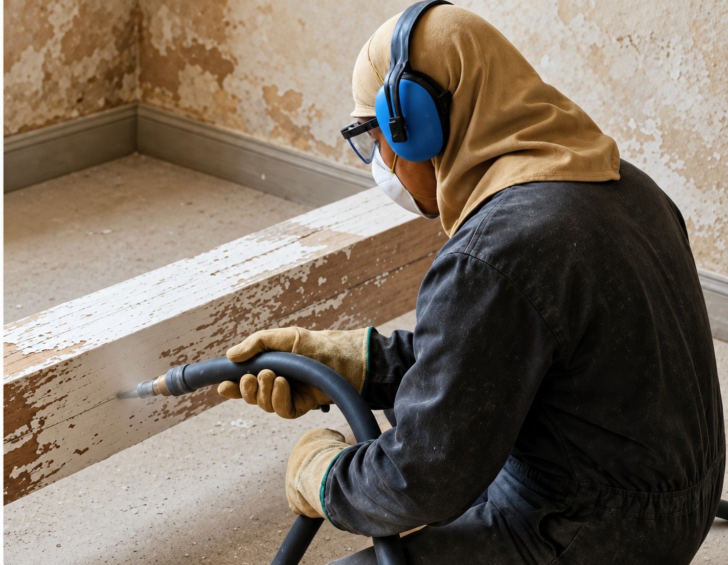 Schonendes Niederdruckstrahlen eines Holzbalkens zur Entfernung alter Farbschichten